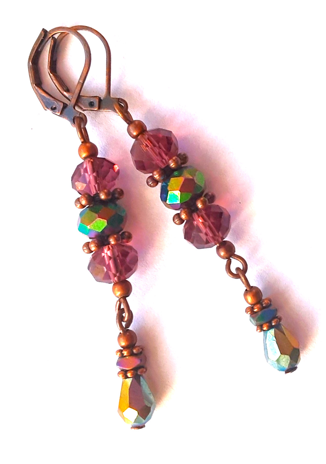 PLUM & RAINBOW crystal dangle COPPER earring LEVERBACK handmade #N25