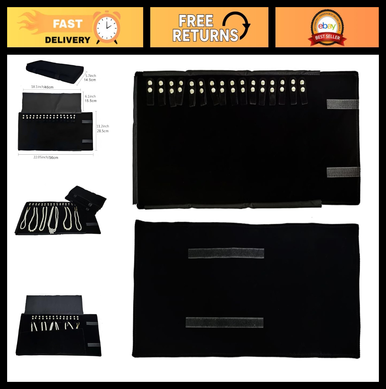 Travel Jewelry Organizer Roll Bag for Necklaces & Bracelets – Black Velvet Case