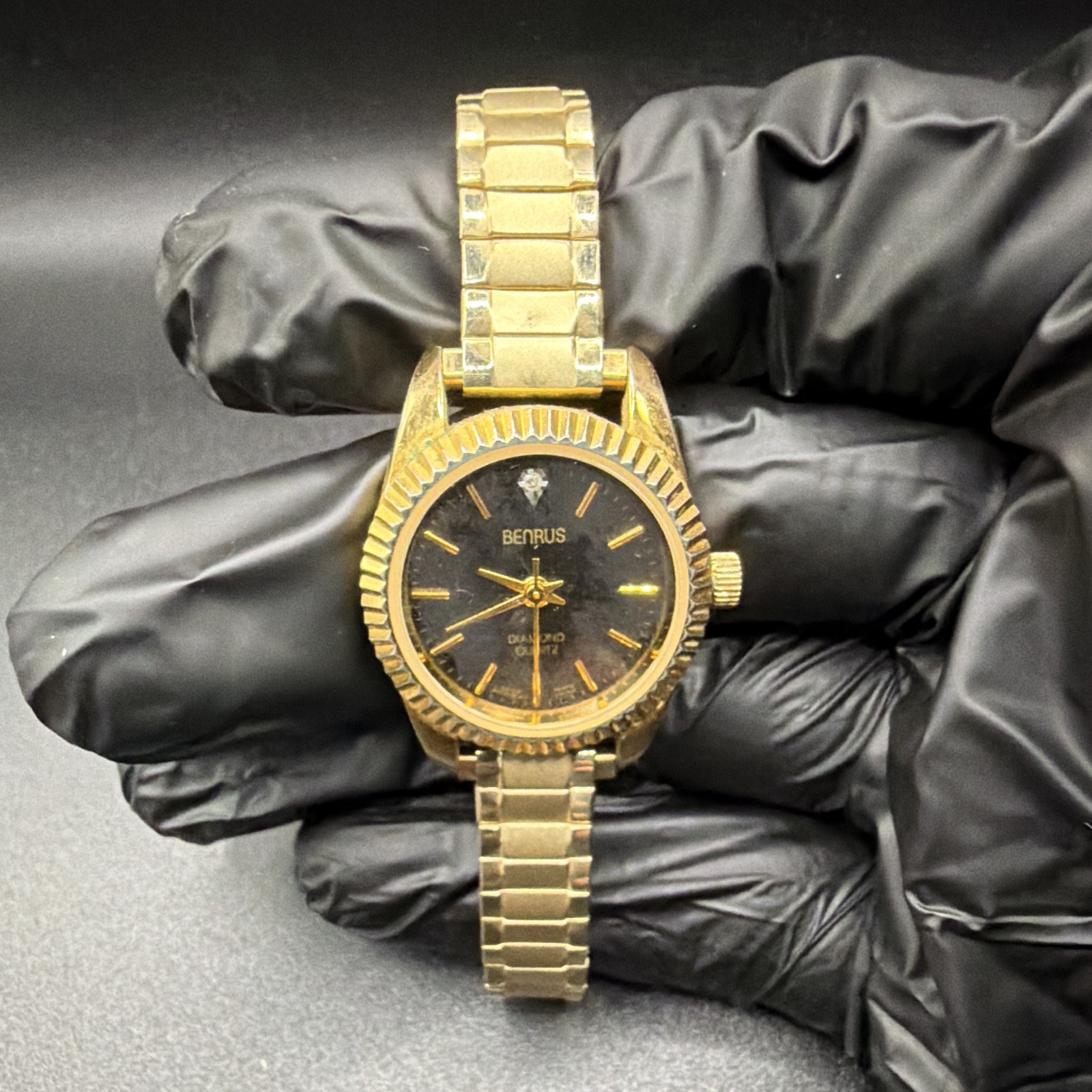 Benrus Diamond Women Watch Gold Stainless Steel Stretch Diamond Quartz