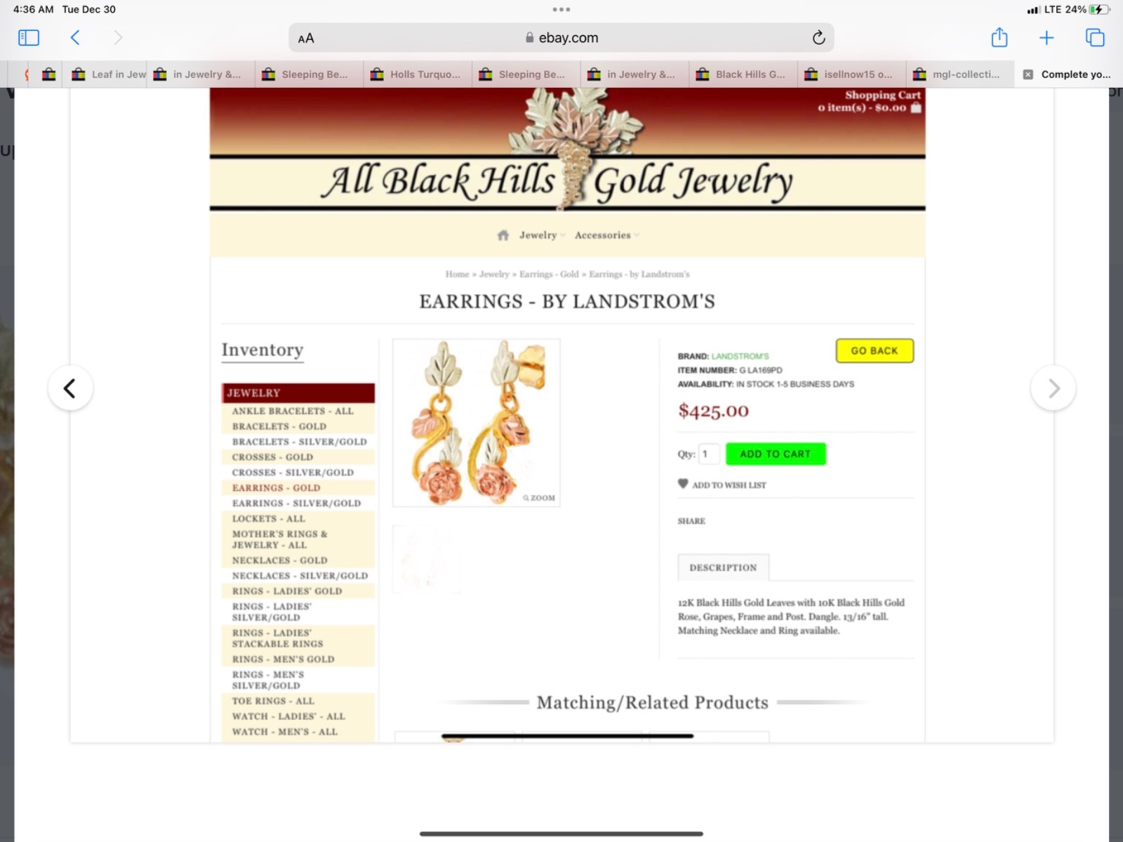 Black Hills Gold 10K Landstrom’s Rose Leaves Earrings