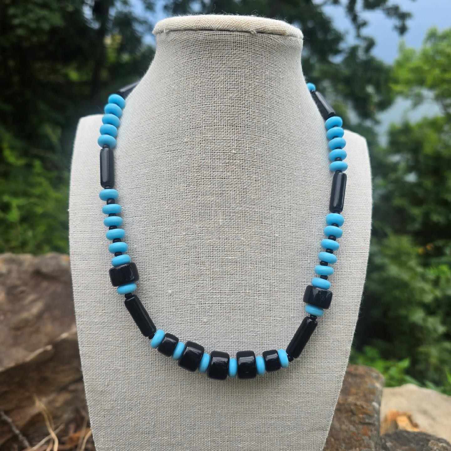 Vintage German Glass Bead Necklace Black & Blue Mid Century Old Stock 18.5 in