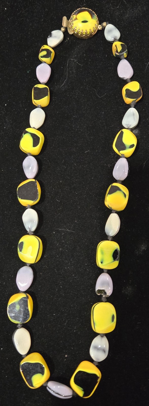 Vintage Made in Austria 22″ Abstract Art Glass Necklace Yellow Black Gray Purple