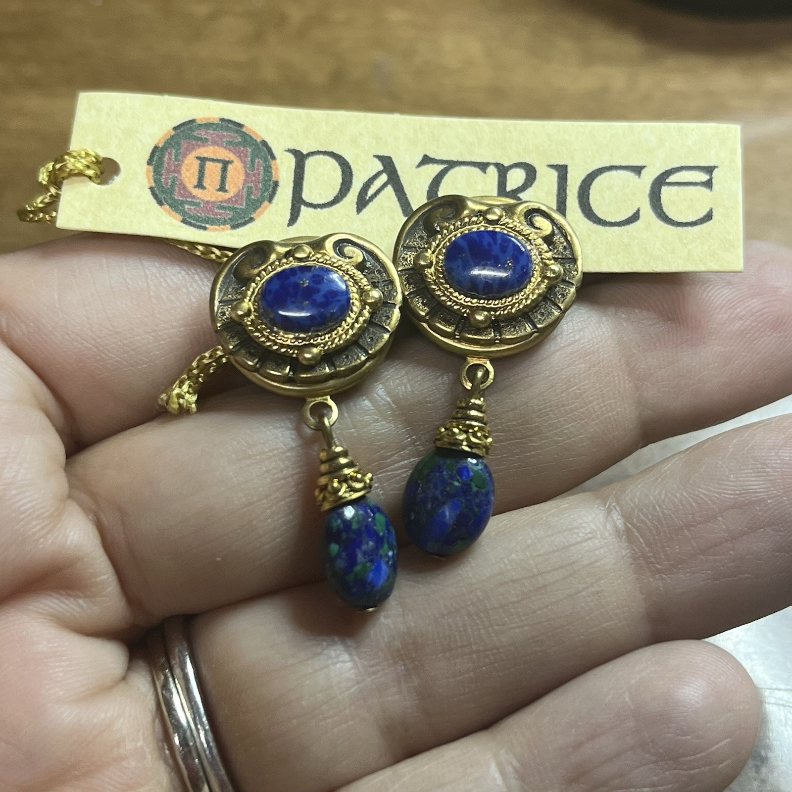 NOS! PATRICE Genuine Azurite Earrings Cabochon Bavarian Lapis Glass 24KGP Brass