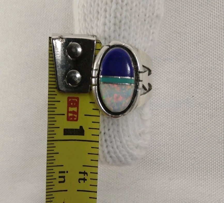 Navajo Inlay Sterling Silver Ring Lapis Opal Turquoise Signed JP Southwest Nice