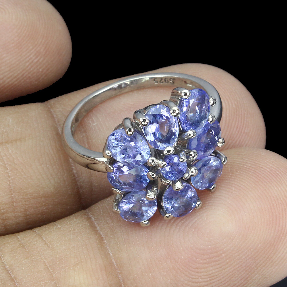 Unheated Oval Blue Tanzanite 14K White Gold Plate 925 Sterling Silver Ring