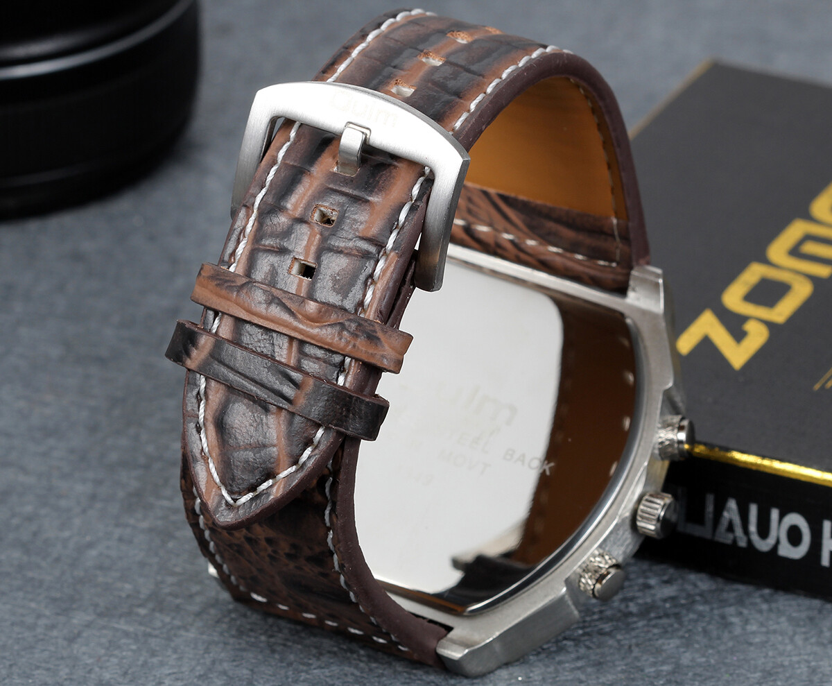Men’s Sport Army Multi-functional 2 Time Zones Dial Leather Quartz Wrist Watch