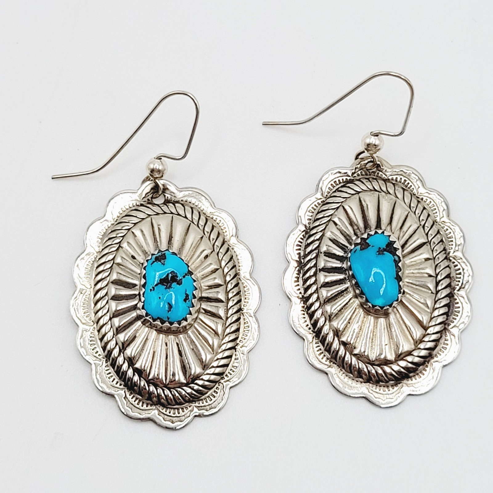 Southwestern Style Silver Tone Turquoise Concho Dangle Pierced Hook Earrings