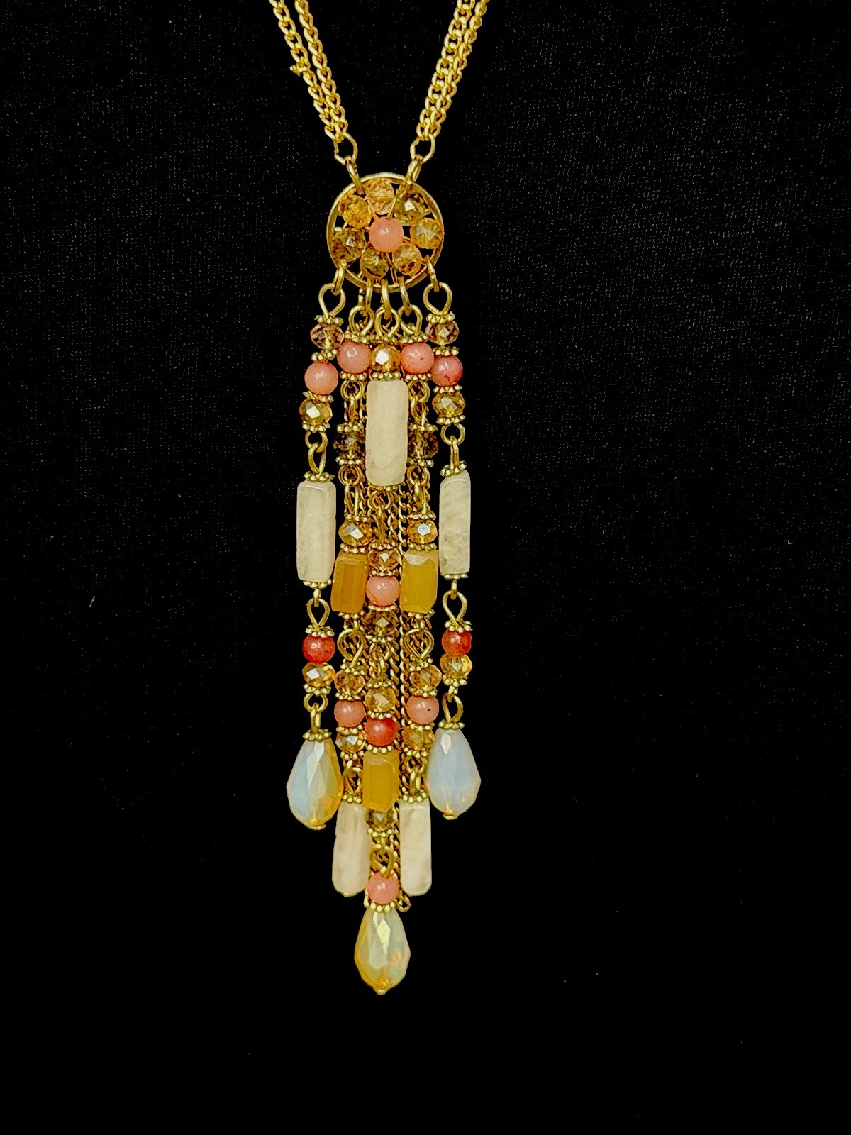 Beautiful Gold-plated Pink & White Beaded Tassel Pendant Necklace 20″