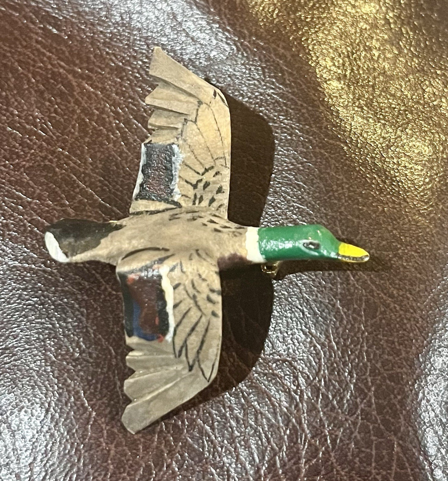 Carved Wood Mallard Duck in Flight Bird Brooch Pin