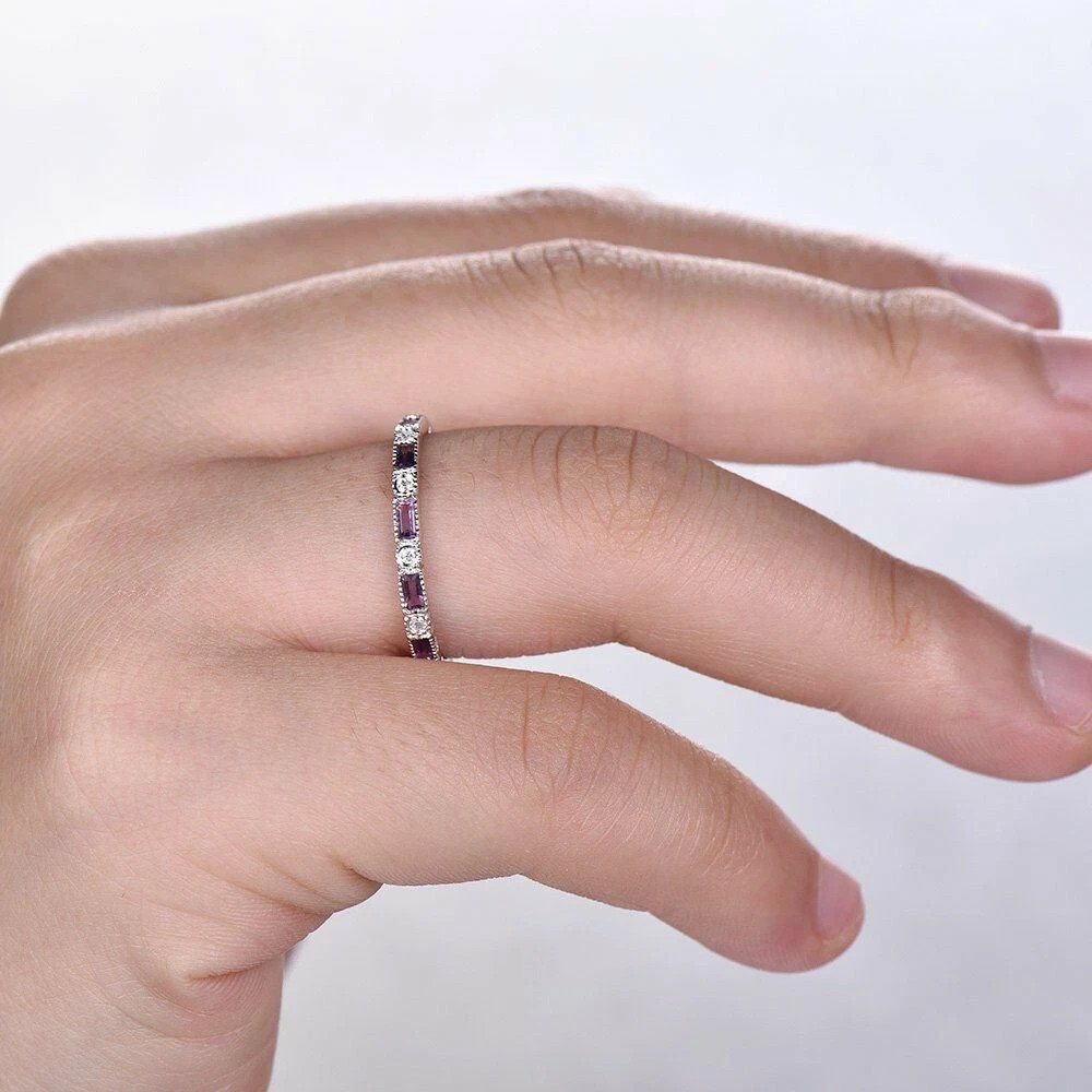 1ct Natural Amethyst & Diamond Eternity Wedding Band Ring 14k SOLID White Gold