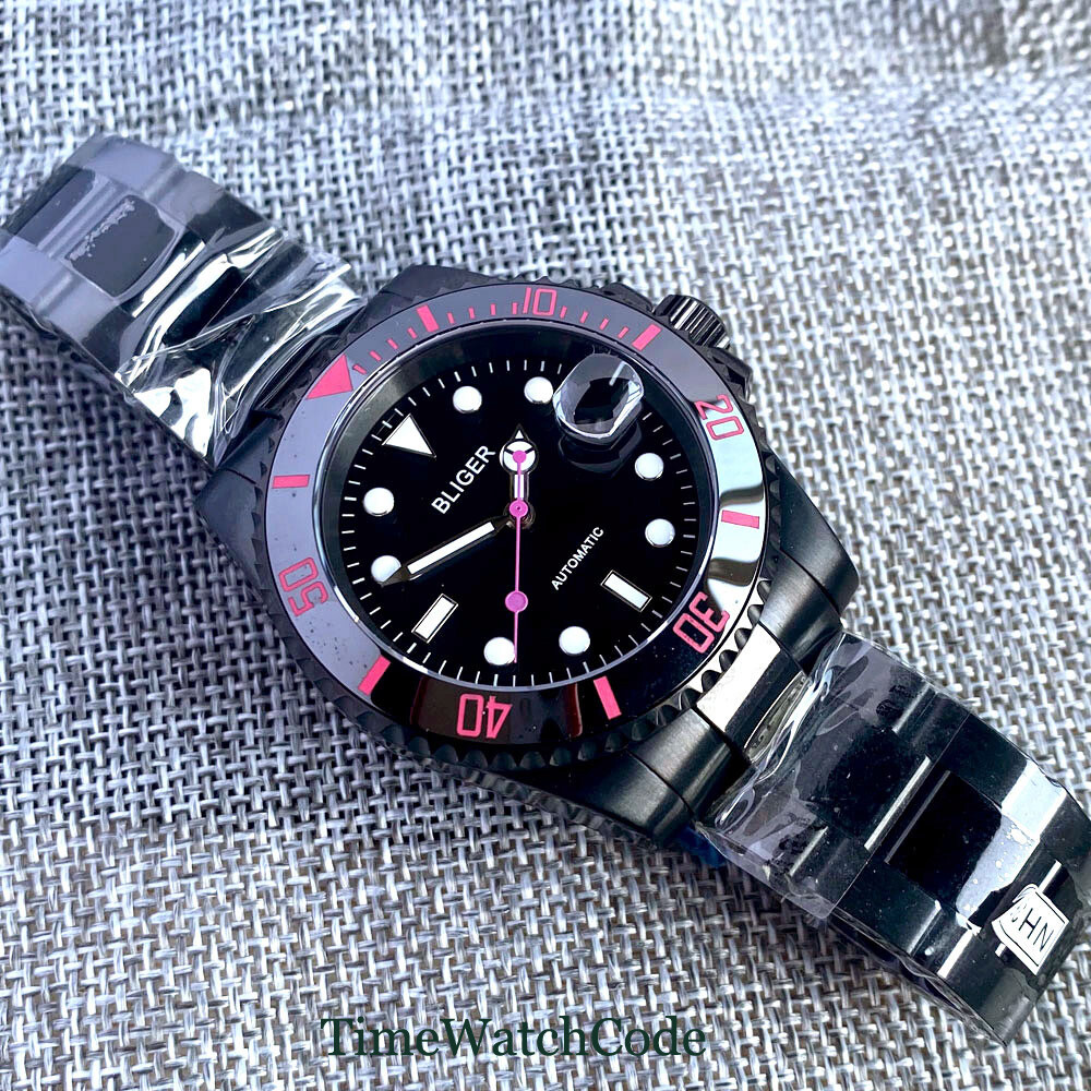 40mm Sapphire Automatic Mechanical Mens Watch NH35 Date Black PVD Steel Bracelet