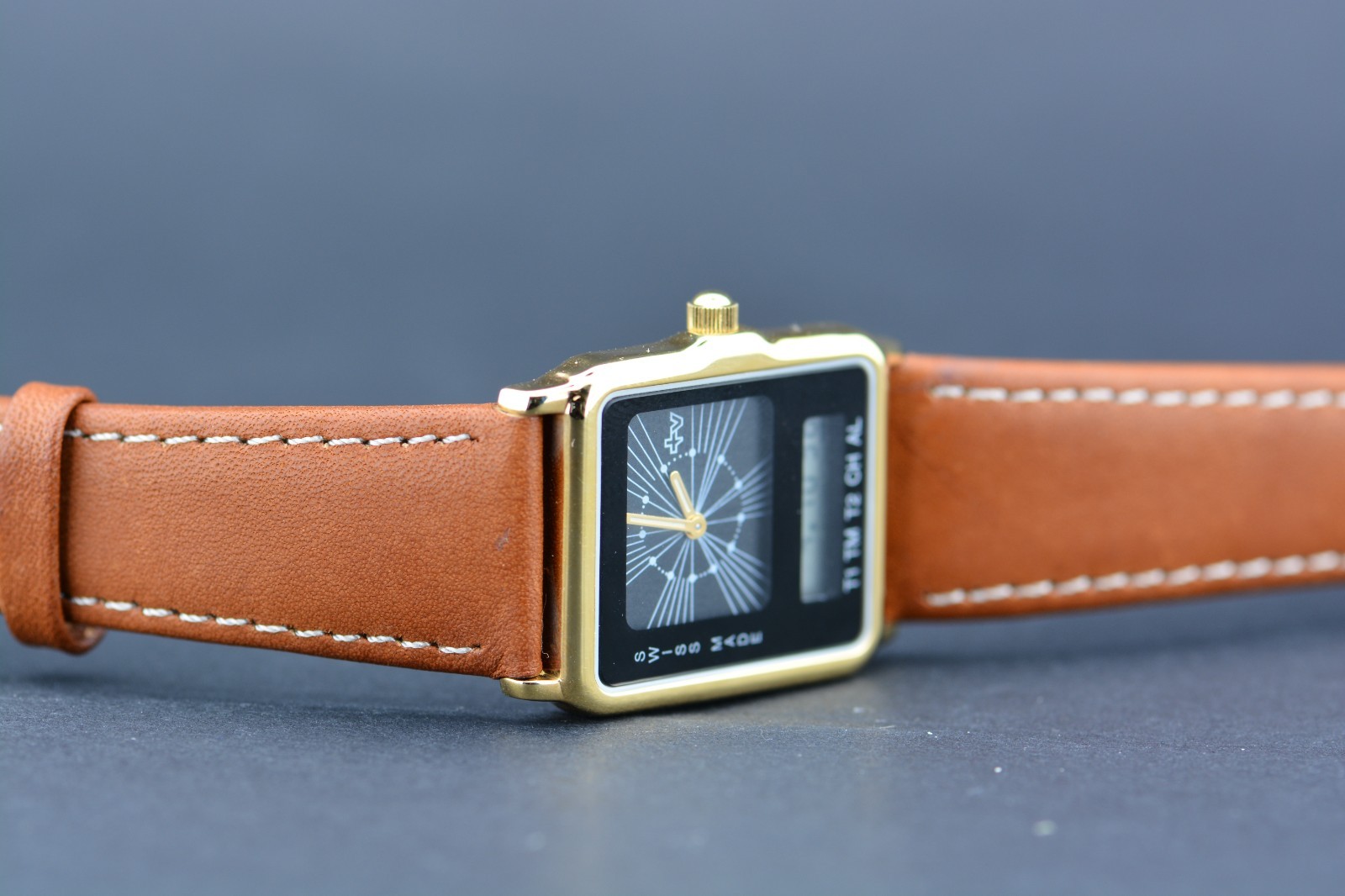 Mondaine Two-Timer Analog-Digital TV Case Vintage Gold Plated Unisex Dress Watch