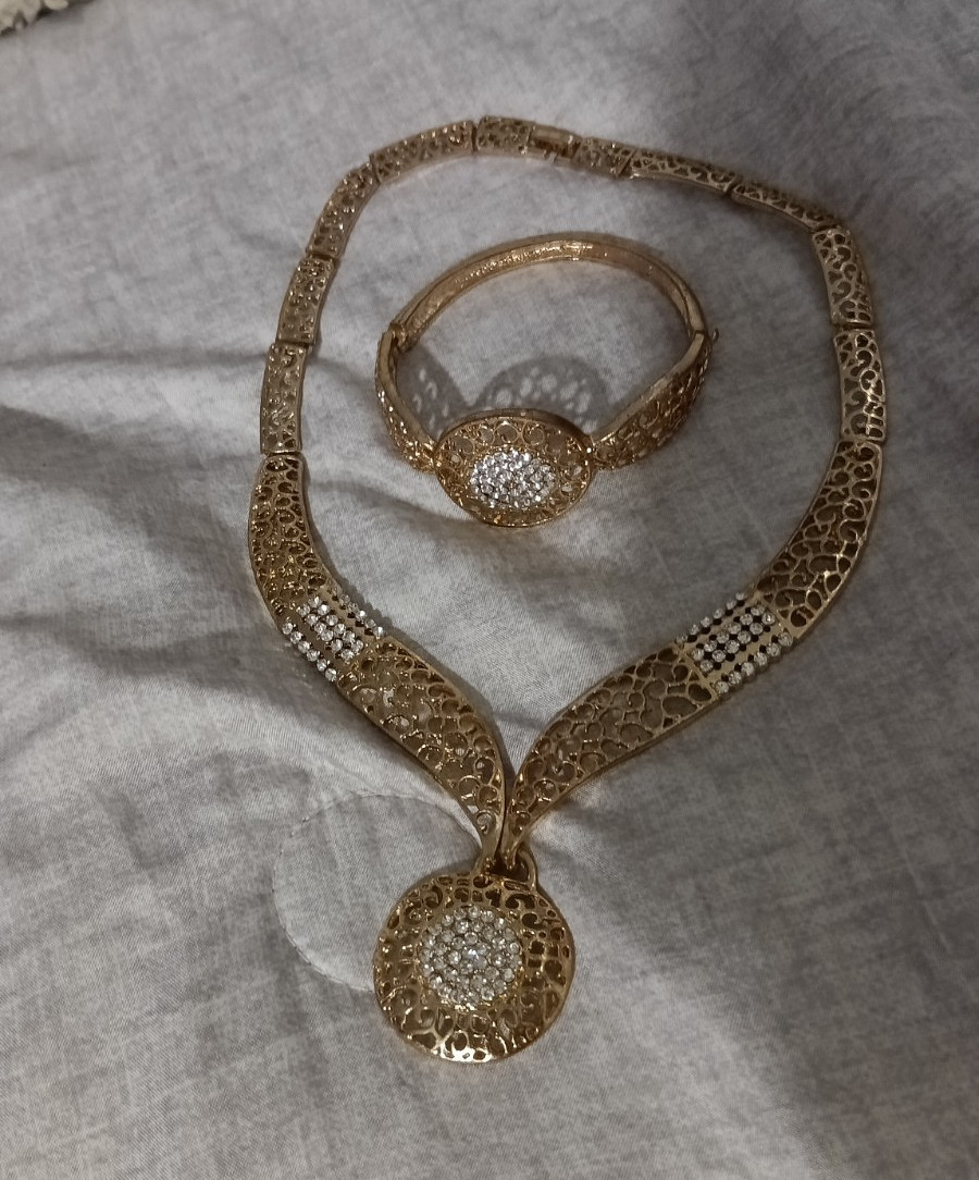 Gold Tone Gold Plated Round White Crystal Necklace & Bracelet Jewelry Set