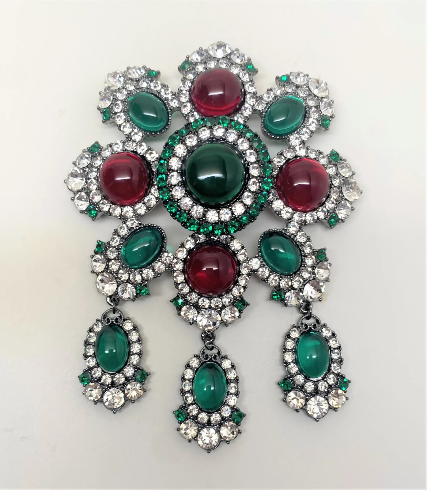 Signed Red, Green Glass Gripoix Style Cabochons, Rhinestones Large Pin Brooch 5″