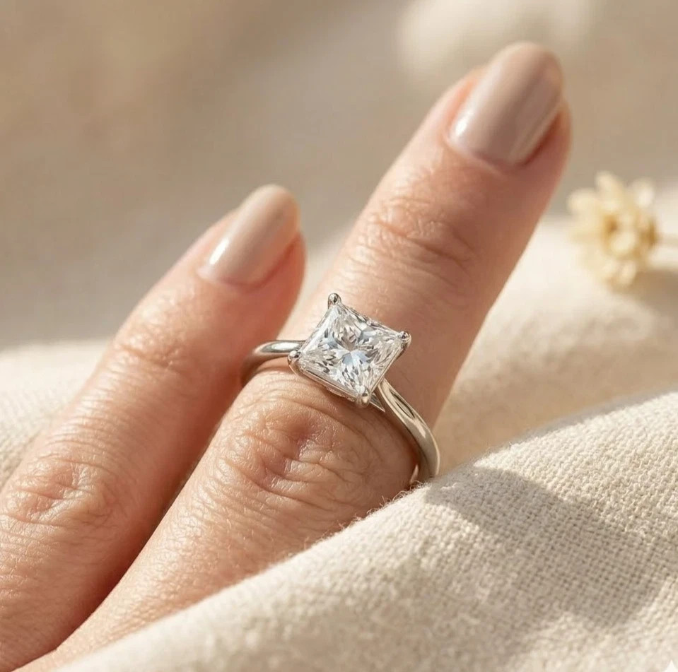 3Ct Princess-Cut Moissanite Solitaire Engagement Ring 14K White Gold Plated