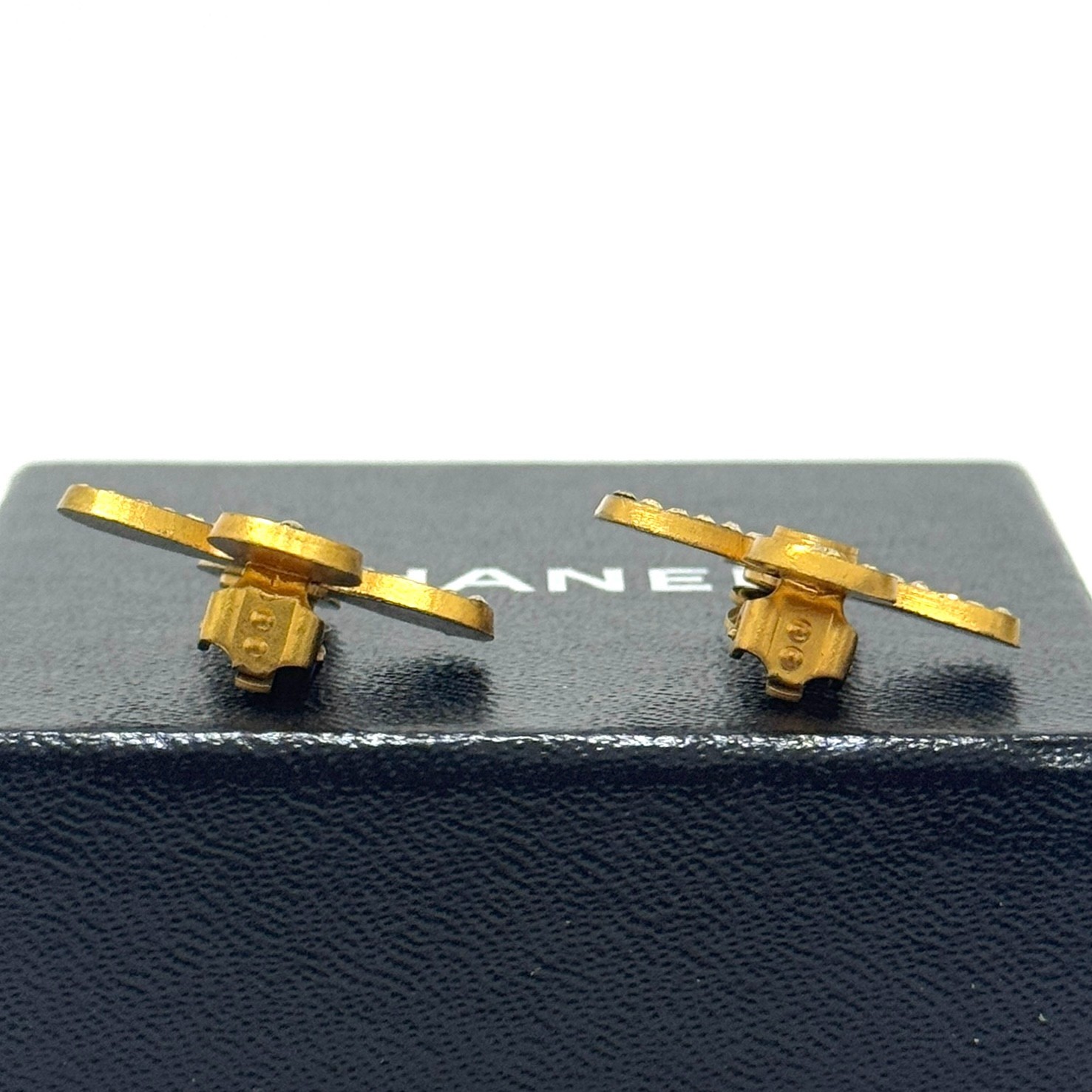 CHANEL 01C CC Logo Coco Mark Clover Earrings Gold Rhinestone Authentic JAPAN