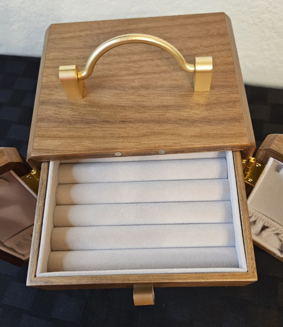 Black Walnut Wooden Jewelry Organizer With Painted Mirror Doors & Brass Handles