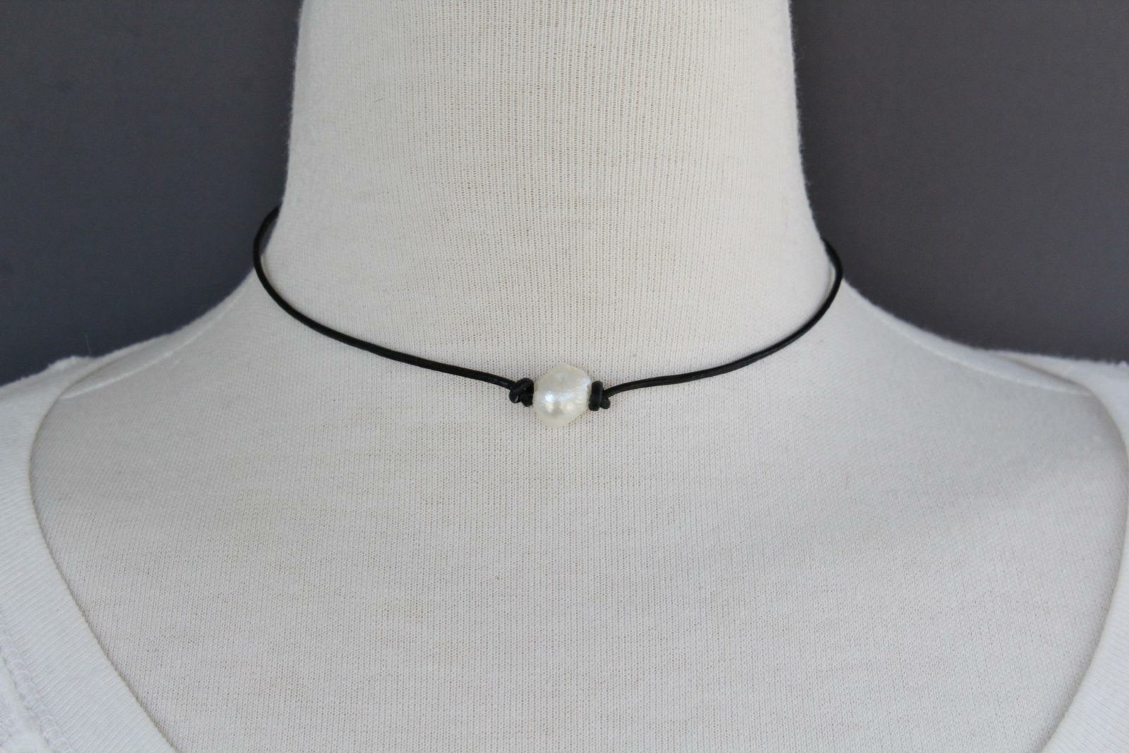 faux pearl choker Black faux leather adjustable choker necklace 14-16 long