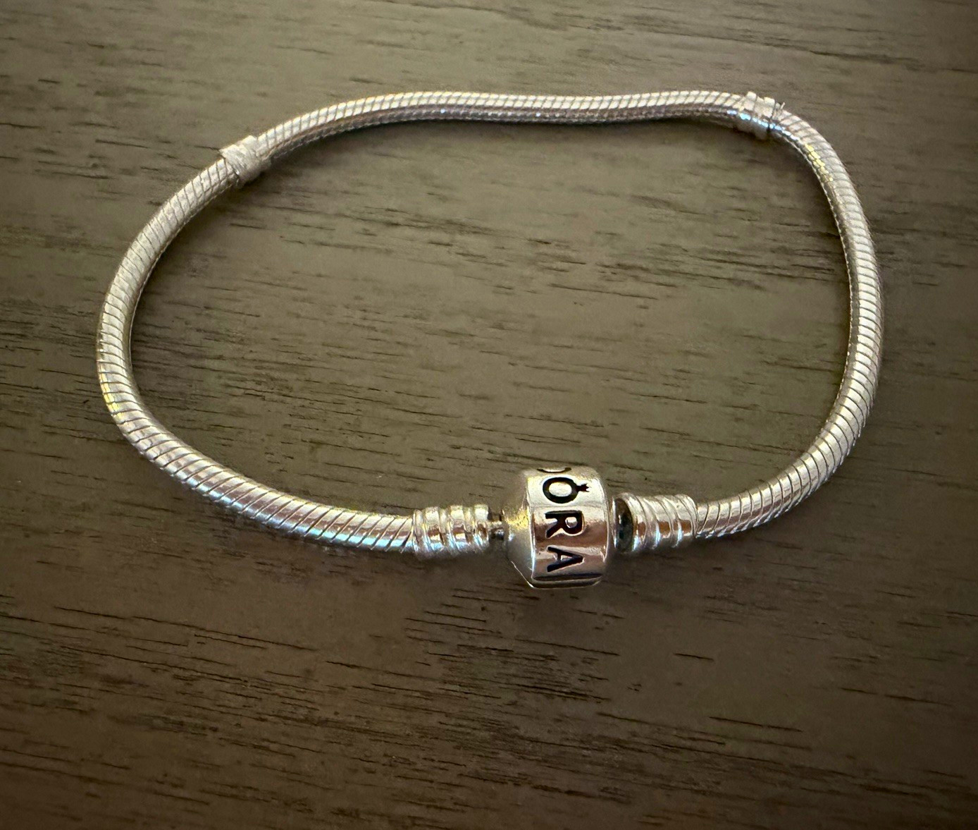 PANDORA Signed Silver Snake Chain Charm Bracelet with Barrel Clasp