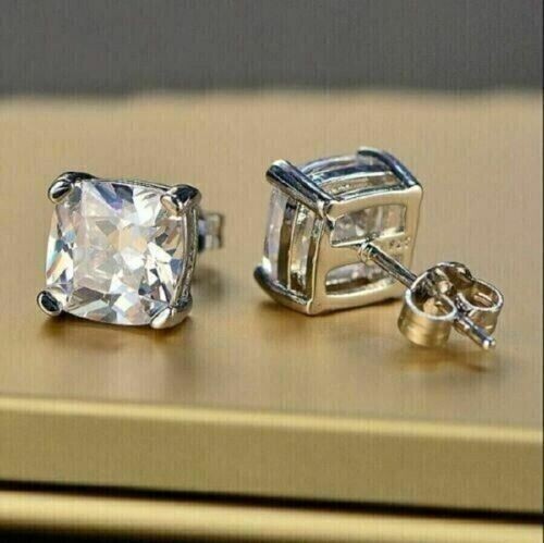 3Ct Cushion Lab Created Diamond Solitaire Stud Earrings 14K White Gold Plated