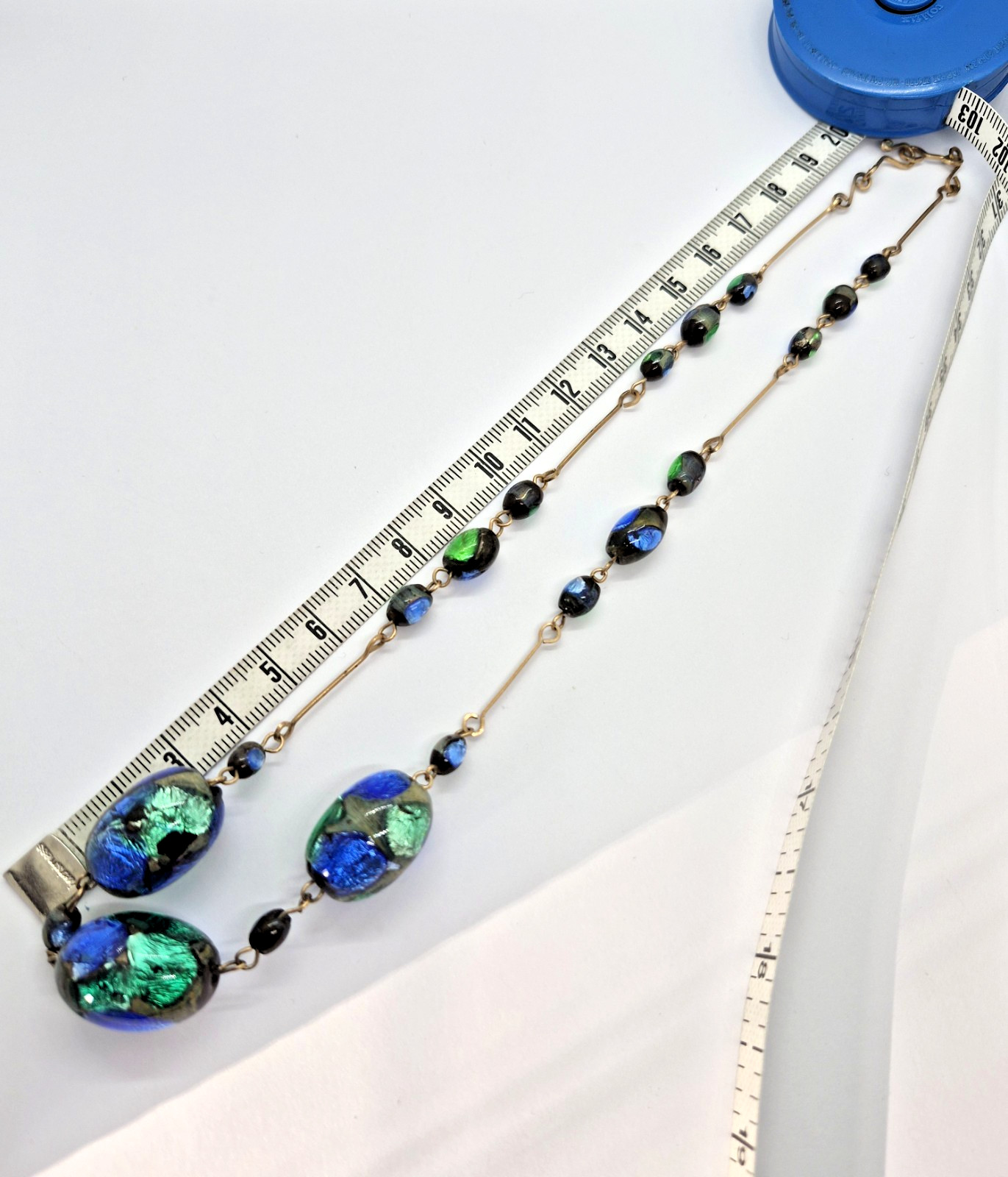 Vintage Art Deco Venetian Green, Blue & Black Foil Glass Bead Necklace 18″