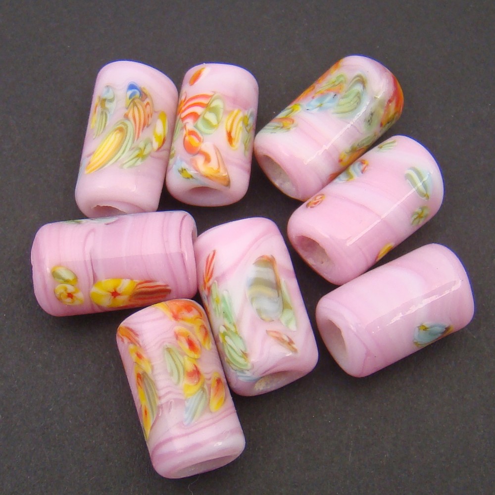 8 Vintage Japan lampwork large hole opaque pink glass murrine beads avg 14mm