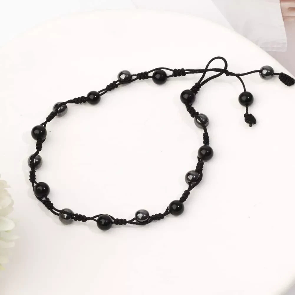 Obsidian Stone Anklet Bracelet Natural Black Gemstone Crystal Braided Anklet
