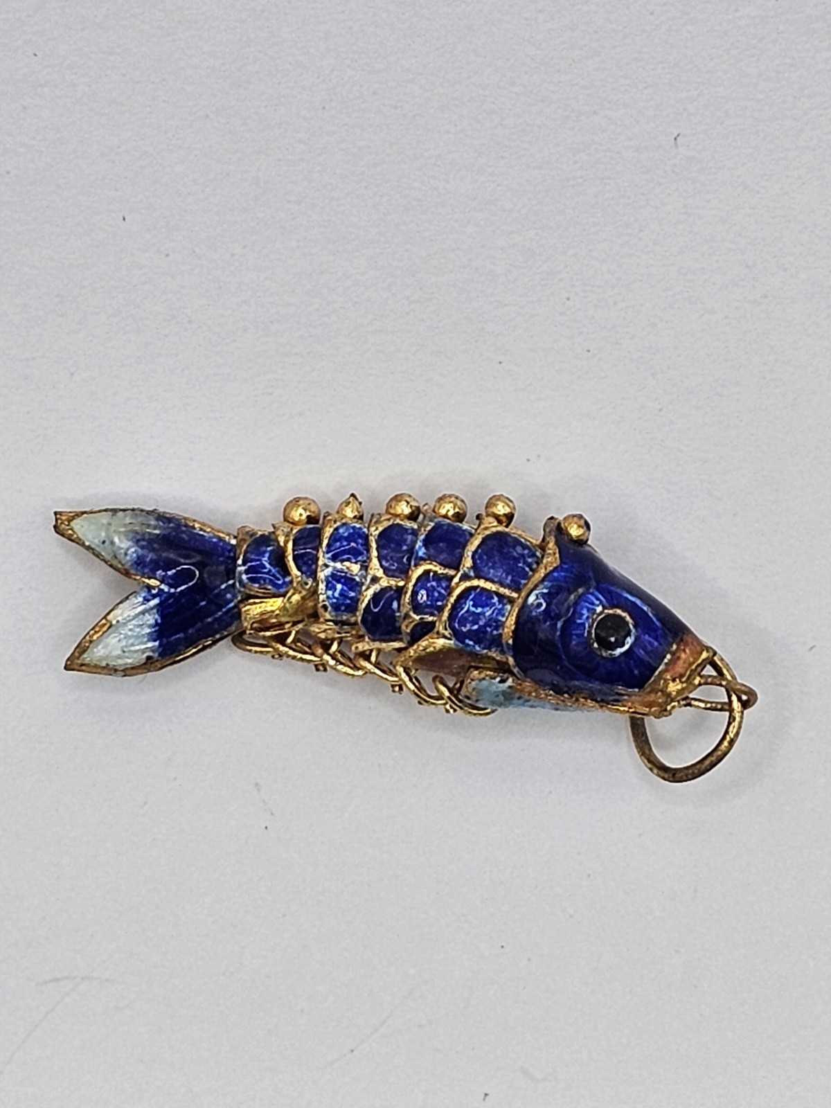 Lovely Vintage Chinese Articulated Blue Koi Fish Charm In Gold Plate & Enamel