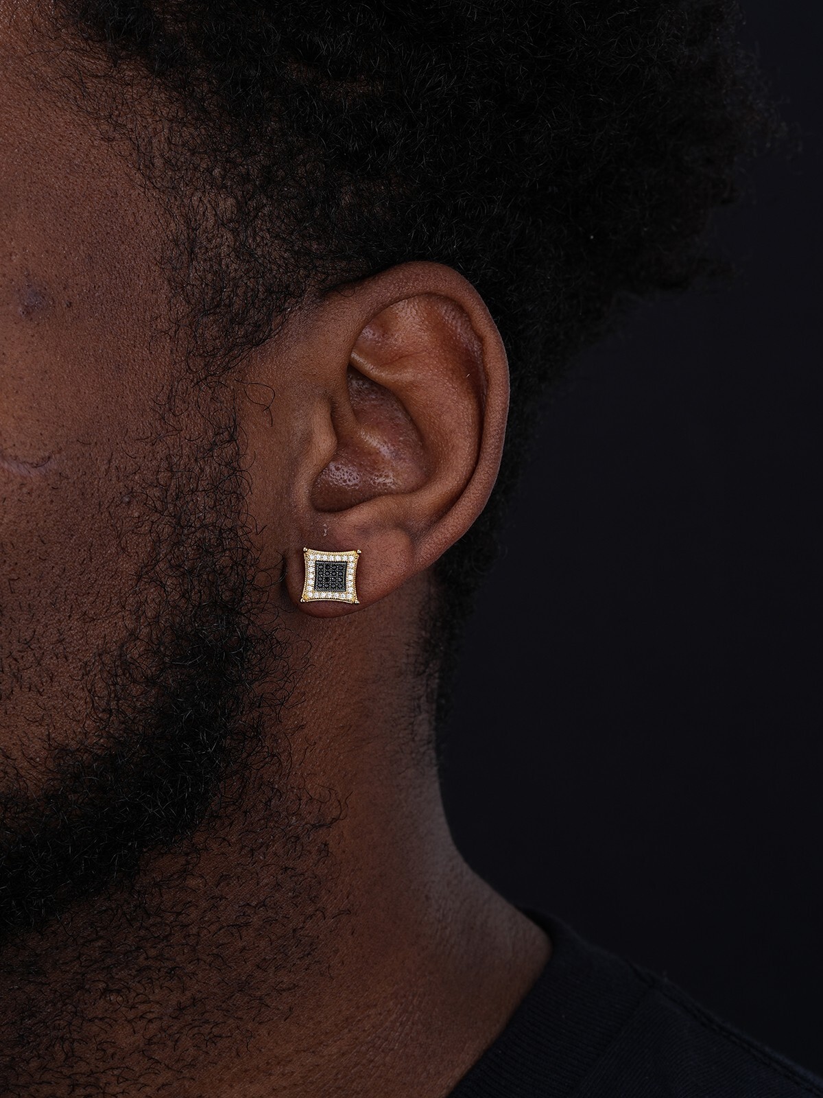 Mens 14K Gold Plated 925 Silver Iced Kite Black CZ Square Earrings Studs