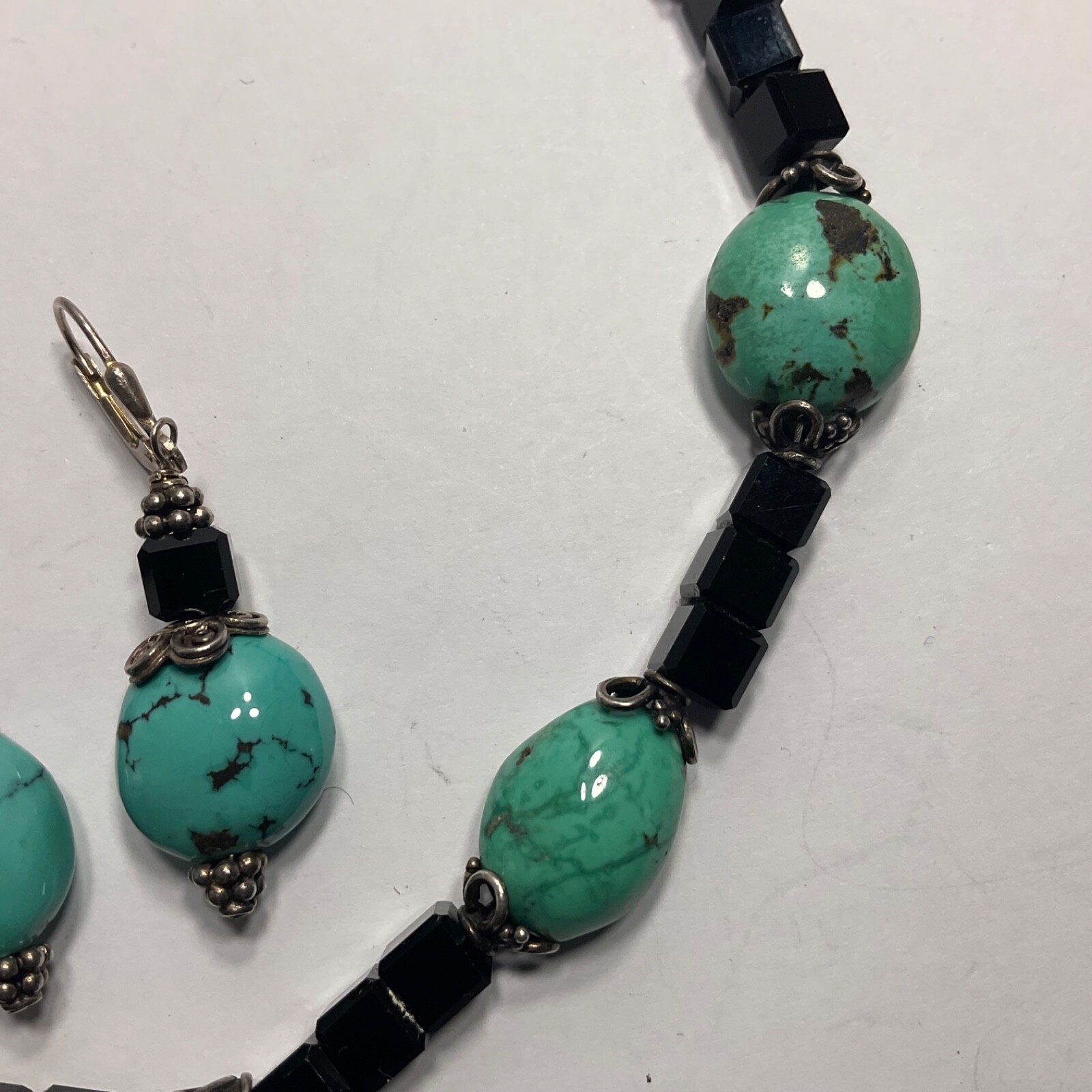 Vtg Genuine Turquoise Black Glass Beaded & Drop Pendant Necklace Earring Set 925