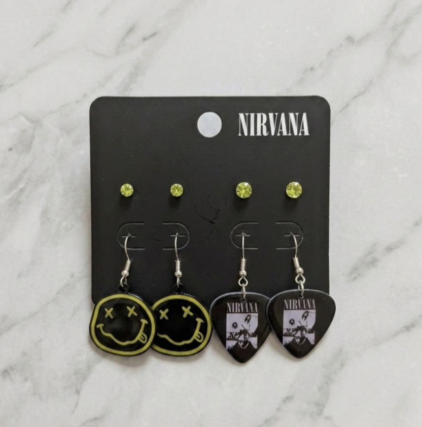Hot Topic Nirvana Logo & Guitar Pick Drop Earring Set New