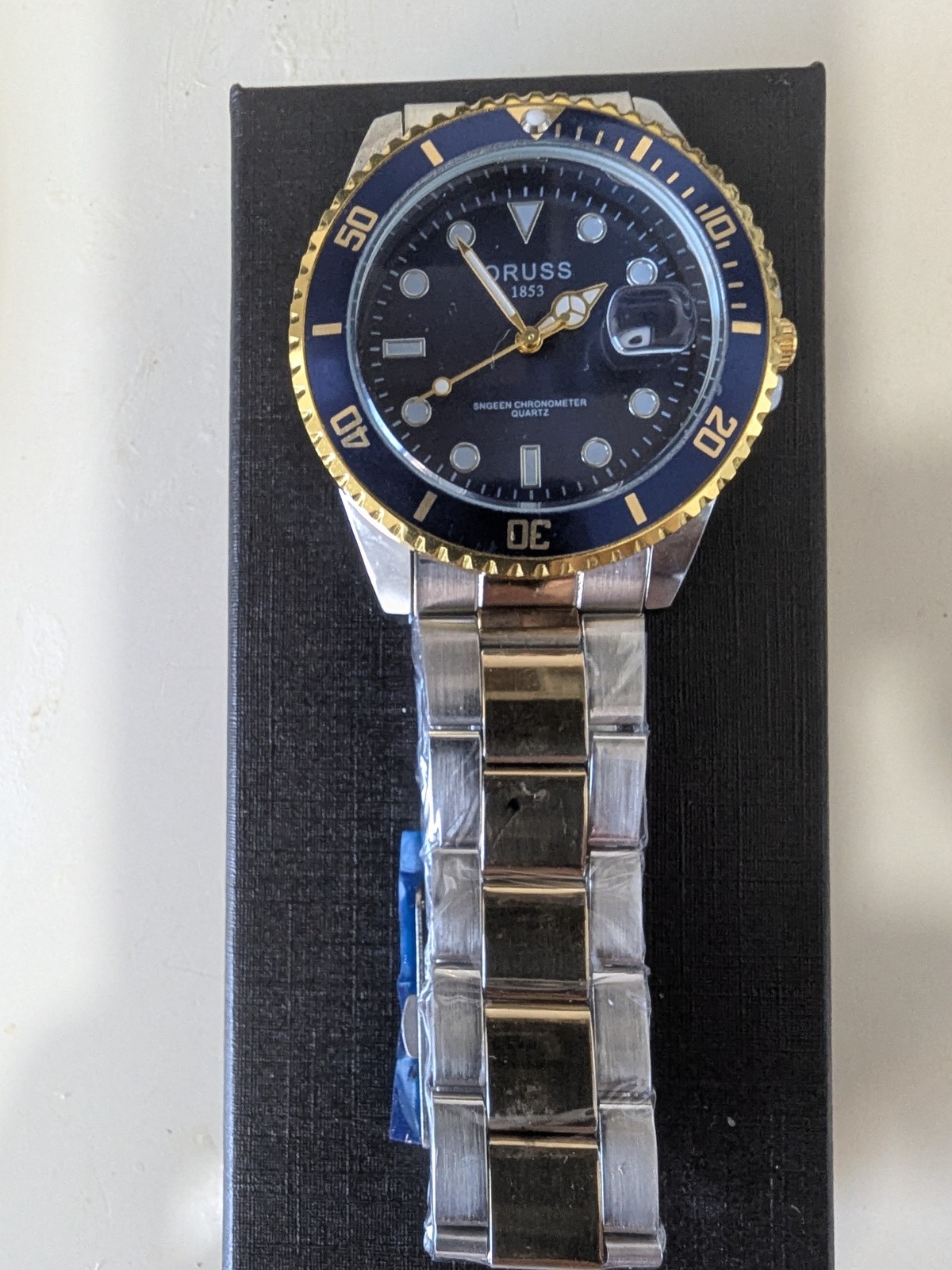 New ORUSS 1853 Blue Dial Two-Tone Metal Bracelet Diver Quartz Date Analog Box