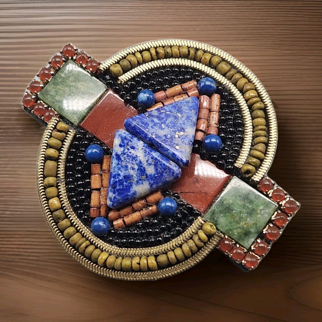 Vtg Brooch High End Rare Tribal Runway M&J Hansen Lapis Beaded Geometric Large