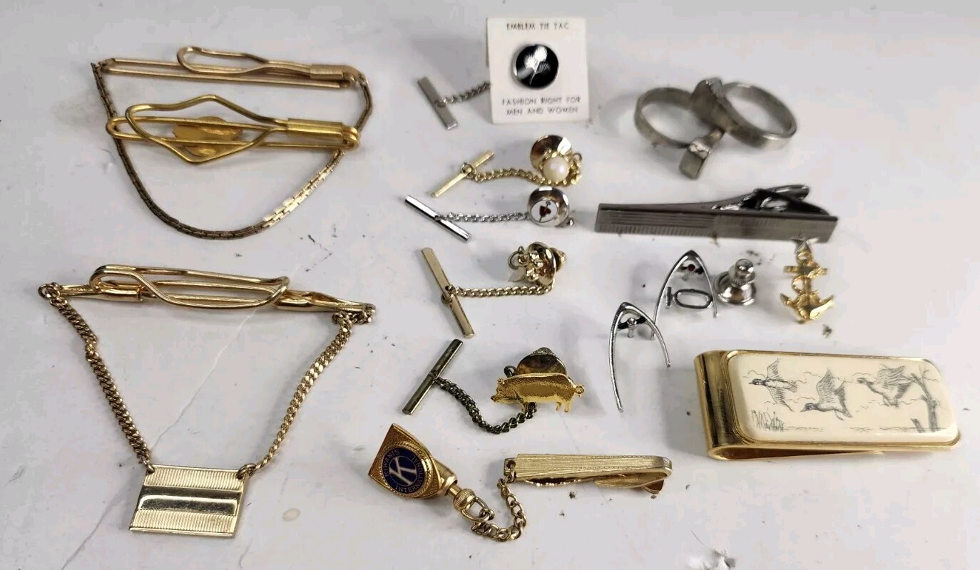 14 Pieces Men’s Jewelry Tie Pin Clips Lot Money Clip Rings, Kiwanis tack