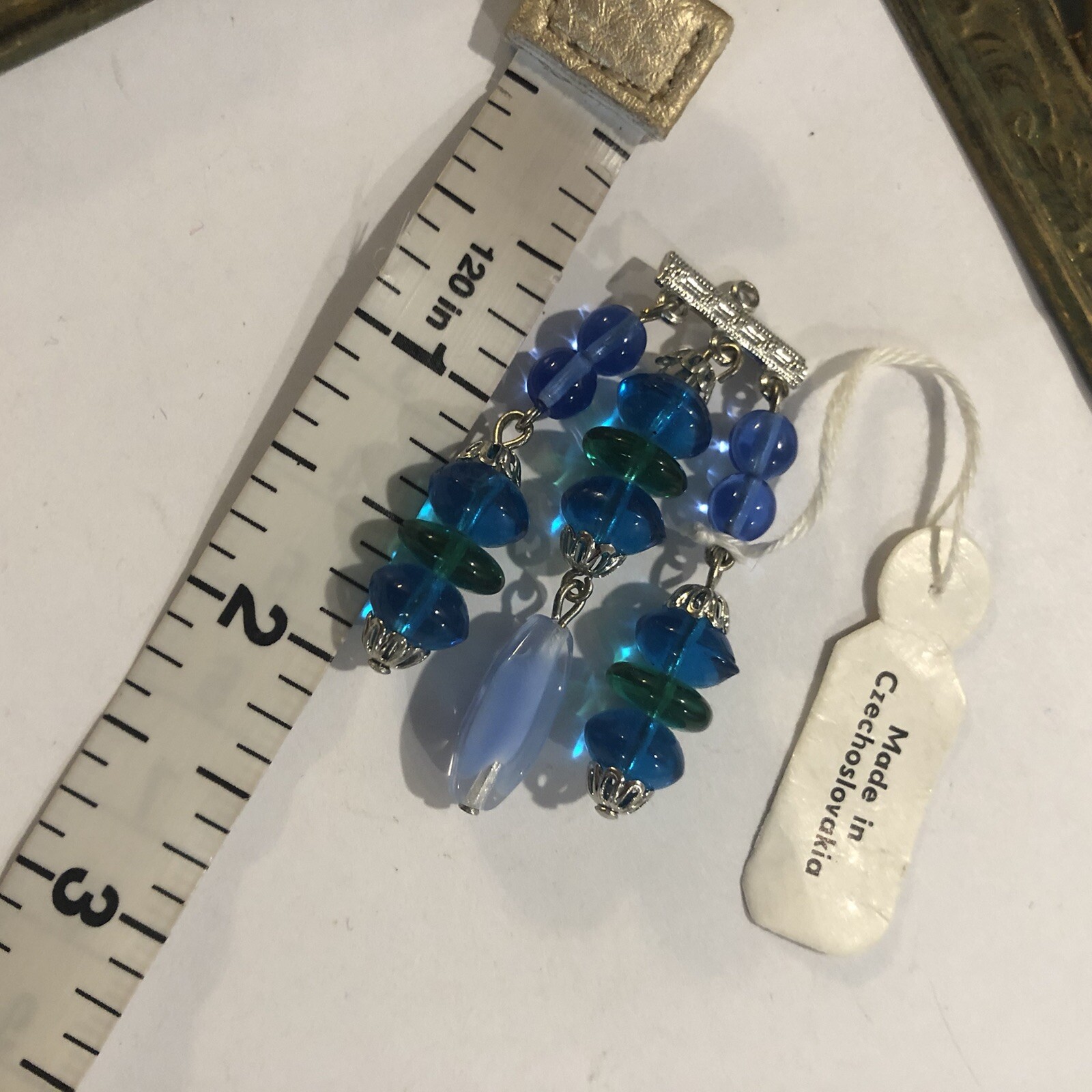 Vintage Czech Glass 14 Bead Tassel Pendant Blue Finished Dangle Silver Bead Caps