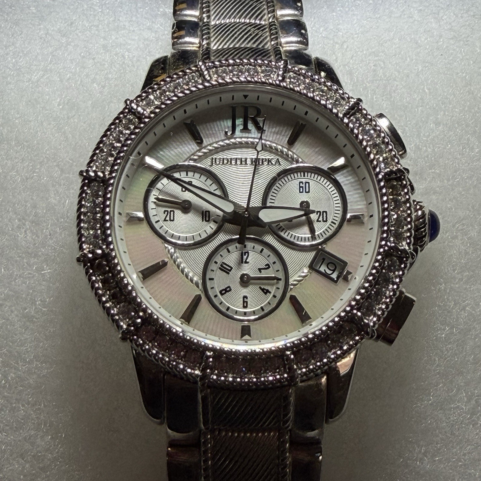 Judith Ripka stainless steel chronograph watch with Mother-of-Pearl dial