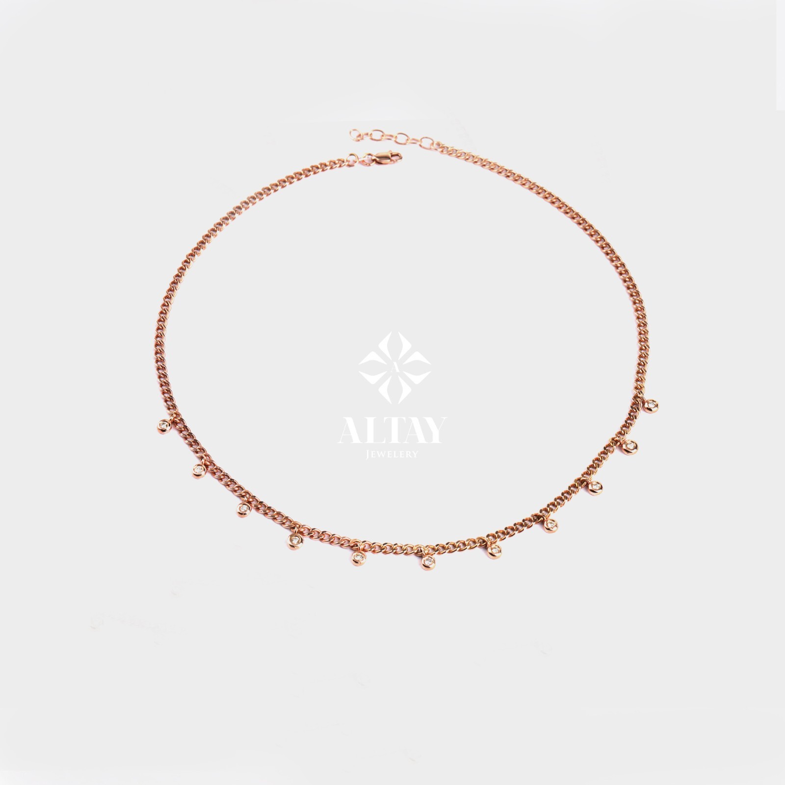 14K Gold Cz Stone Station Necklace, 0.23 ct Bezel Set Cz Stone Choker Necklace
