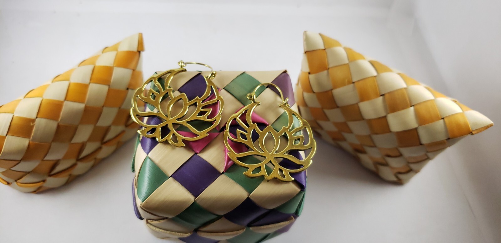 Handmade Southeast Asia Cambodia Ethnic Lotus Flower Hinged Earrings Jewelry