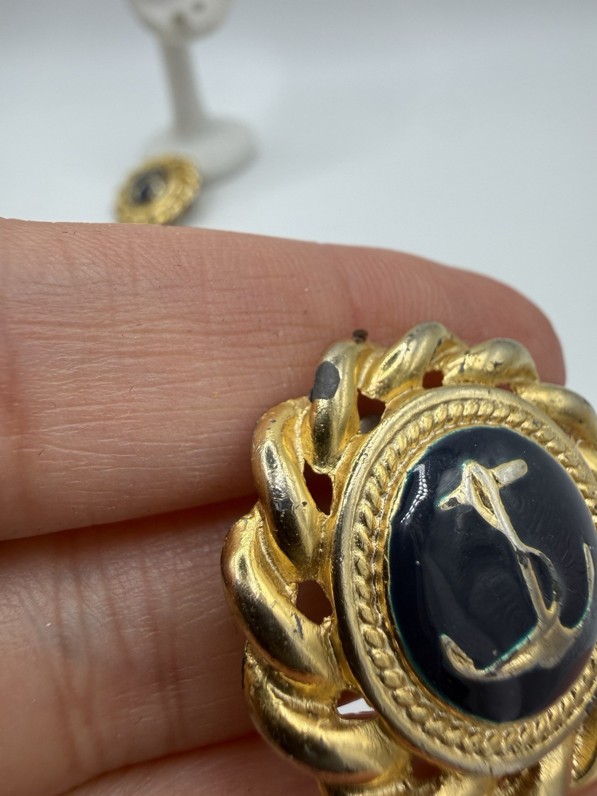 Vintage Gold Tone Navy Anchor Black Enamel Clip On Earrings Nautical Retro