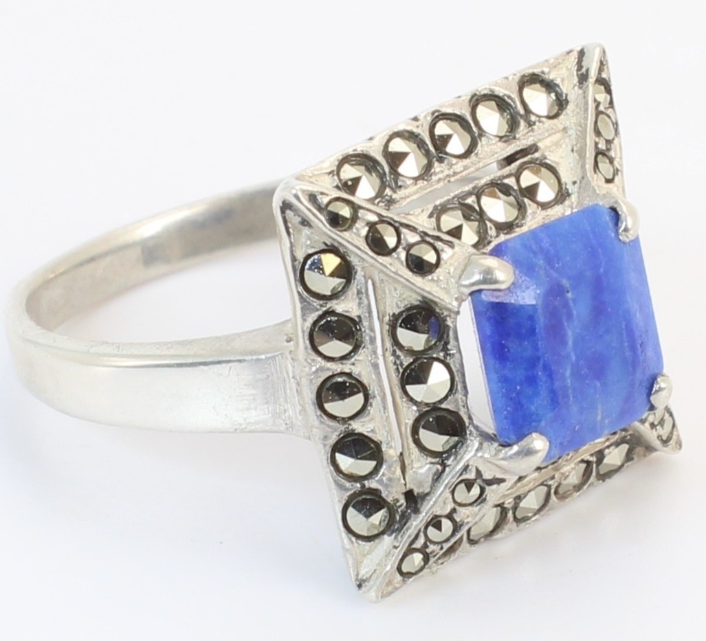 Vintage Blue Sodalite + Marcasite Sterling Silver Ladies Cocktail Ring Size 8
