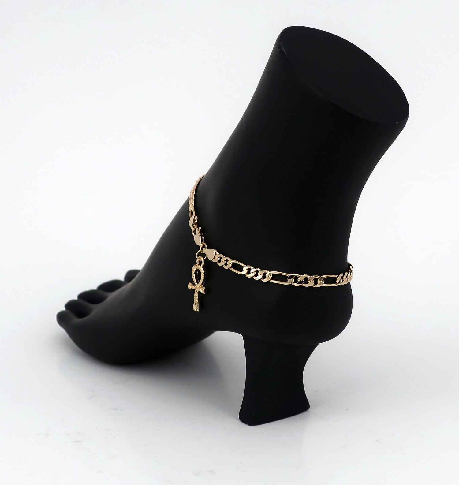 NEW 10″ Figaro Chain Anklet Bracelet Ankh Charm Ankle Bracelet 14k Gold Plated