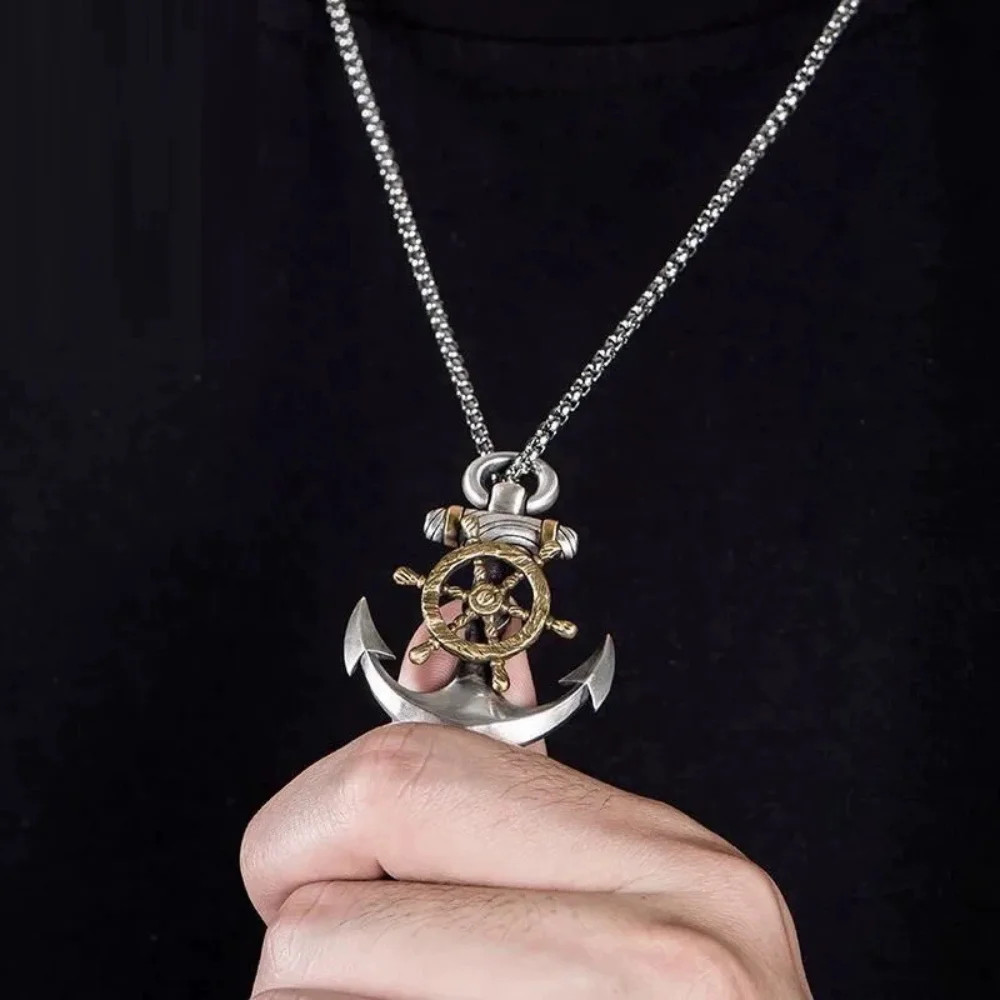 Retro Navy Pirate Anchor Pendant Necklace Men Women Rudder Punk Jewelry Gift