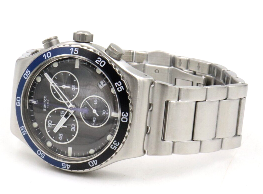 New Swiss Swatch DARK BLUE IRONY Steel Chronograph Men Watch 45mm YVS507G $210