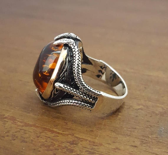 Solid 925 Sterling Silver Natural Baltic Amber Gemstone Signet Men’s Unisex Ring