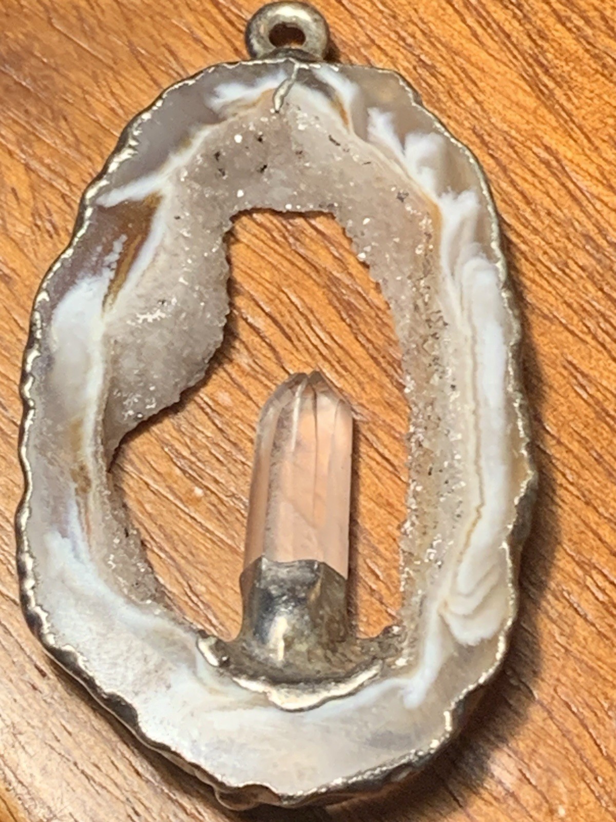 Large Vintage Flame Agate Geode Druzy Crystal Pillar 925 Over Stone Pendant