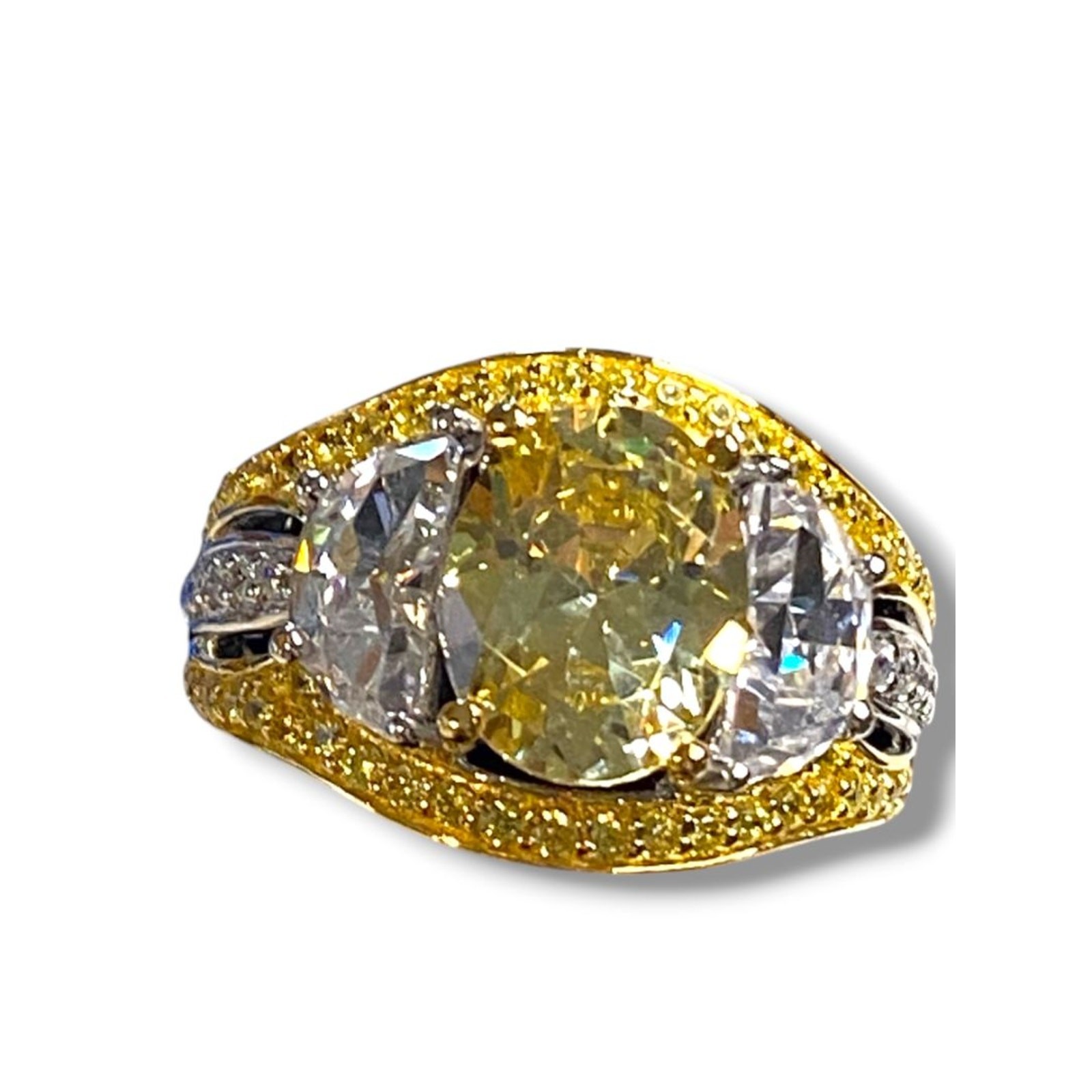 Size 6.5 Victoria Wieck PAJ Vermeil Yellow & Clear CZ Three Stone Cocktail