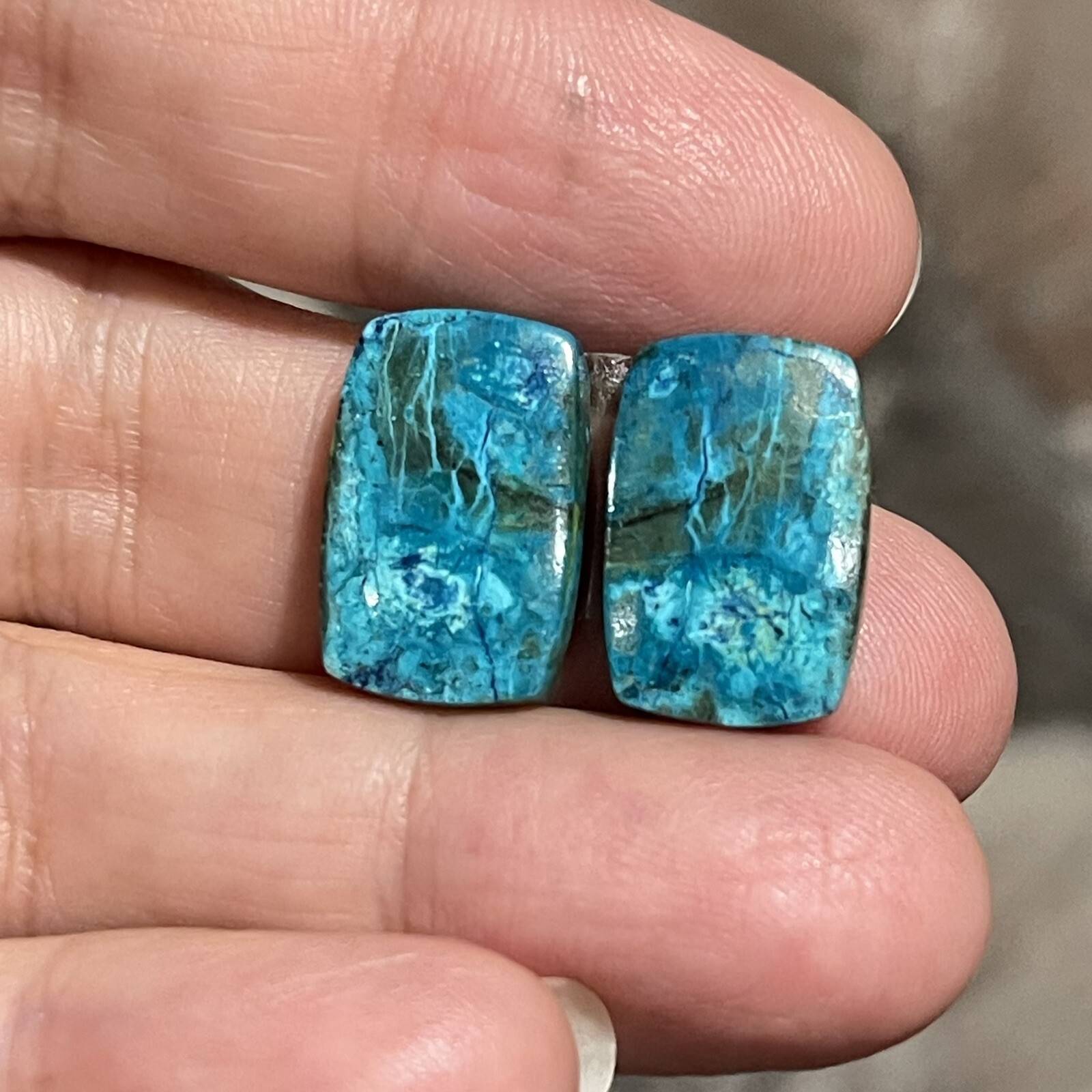 19.6ct 14.3×11.5×4.3mm Pair Of Rare Blue Shattuckite Rectangle Cabochons Gems