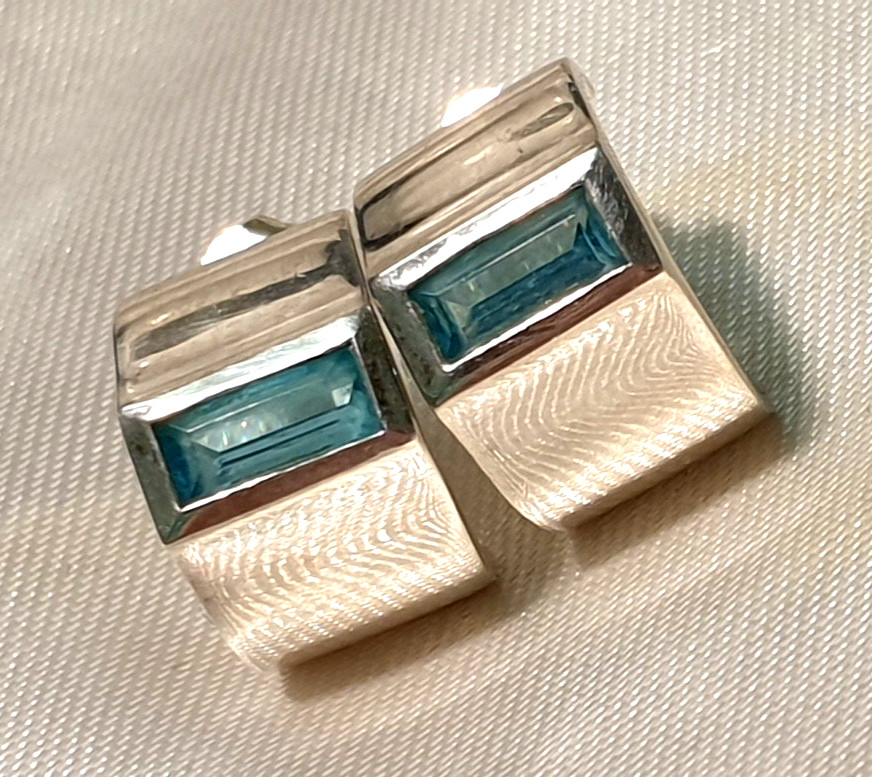 925 Sterling Silver Half Hoop Earrings with Blue Topaz Master Hallmark Crown Hallmark
