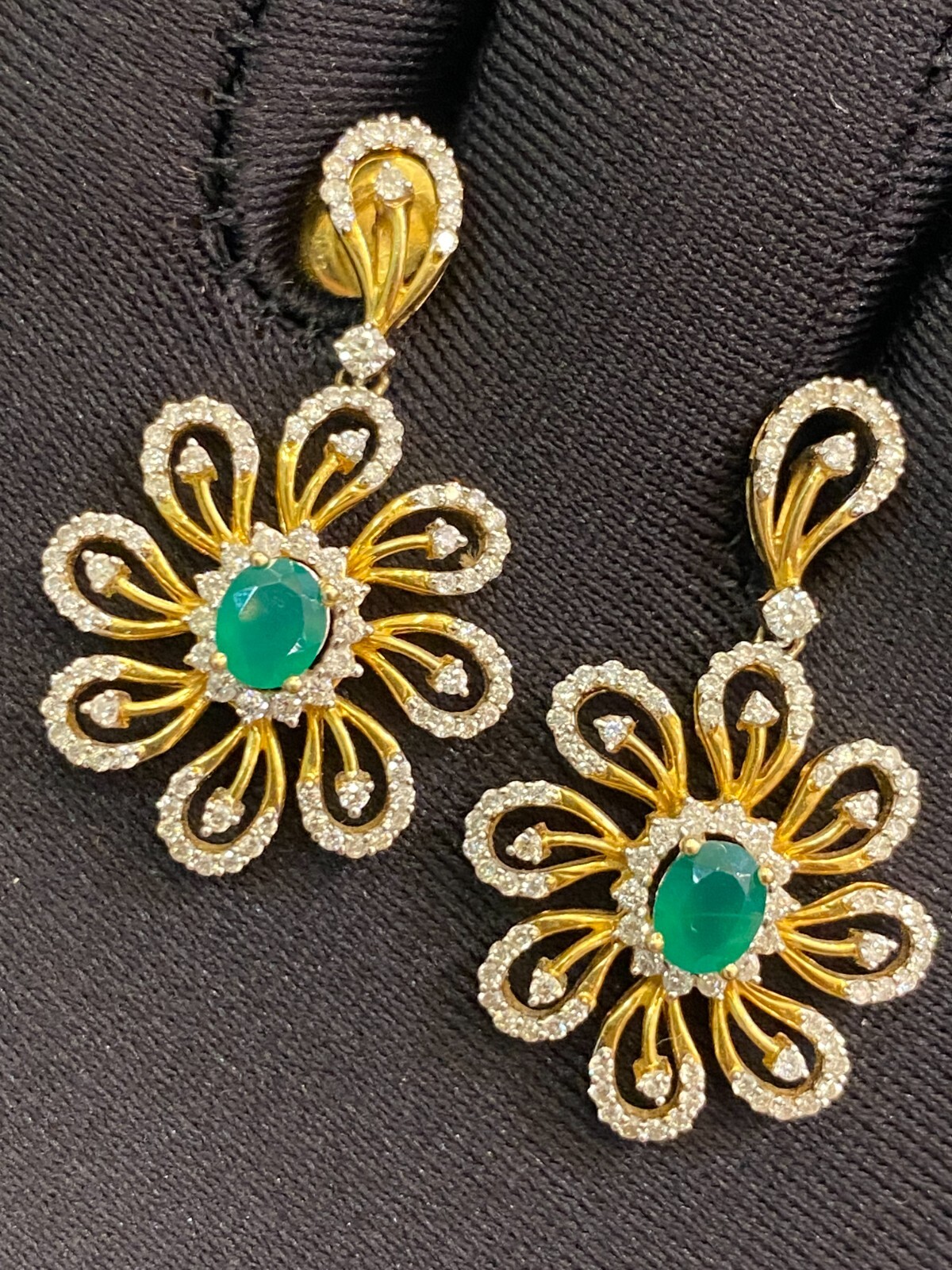 Stunning 1.86 Cts Round Brilliant Cut Diamonds Emerald Dangle Earrings 14K Gold