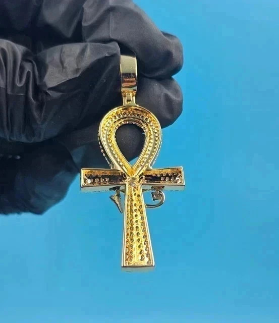 2.00 Ct Round Cut Moissanite Ankh Cross Pendant 14K Yellow Gold Plated Silver